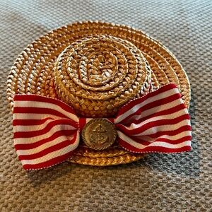 Straw Boater Mini Hat with Barrette and Red and White Ribbon
